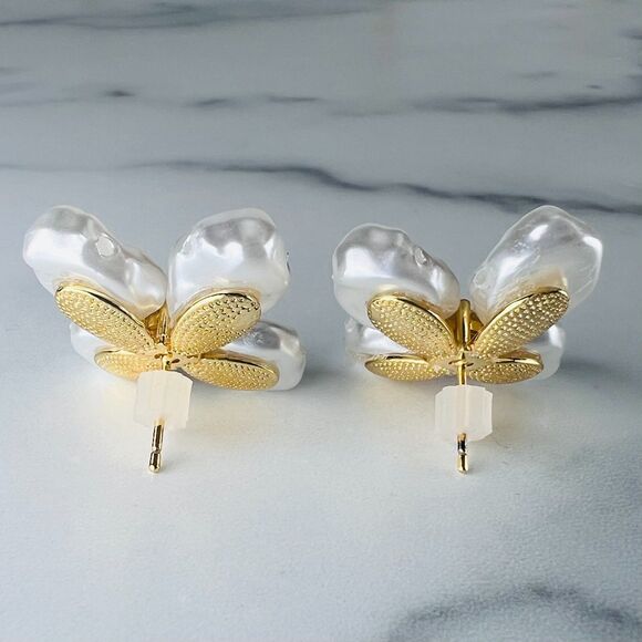 Faux Ivory Freshwater Baroque Pearl Earrings with Prong Set Crystal Gold Plate - Picture 3 of 5